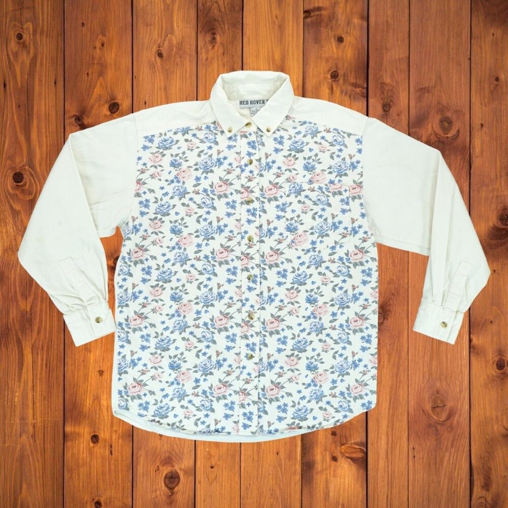 Red Rover Womens Denim Floral Shirt Medium Long Sleeve 100% Cotton‎